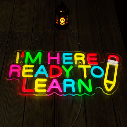 Ready To Learn and Pencil Neon Signs for Wall Decor, LED Neon light, Dimmable USB Powered, for Clarssroom Home Bedroom Man Cave,Gift for Boys,16.8 * 8.1 Inch