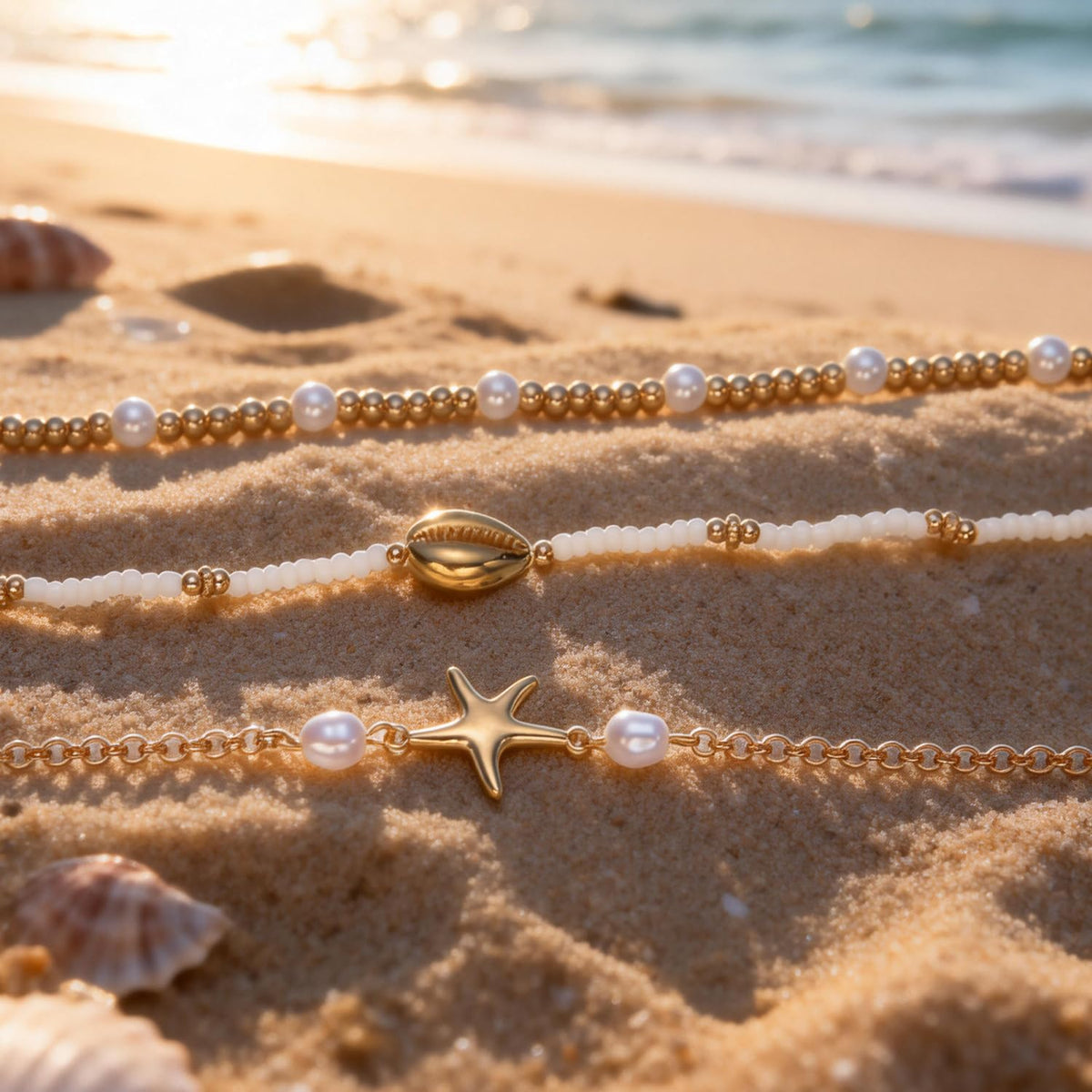 VOJO Starfish Seashell Necklace for Women, 3 Layers Stacked Summer Beach Necklaces, Colorful Polymer Clay Pearl Jewelry, 18K Gold Plated Tropical Hawaii Vacation Accessories, Tarnish Resistant Gifts (Pearl shell + starfish)