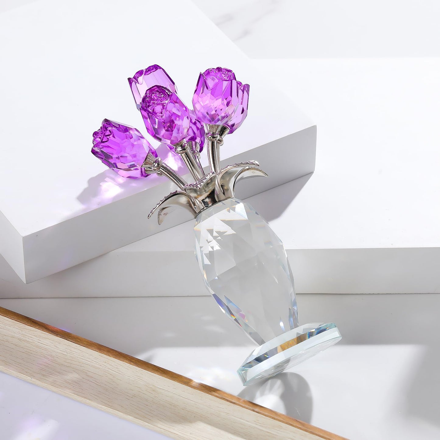 Arikyrist Crystal Purple Rose Flower Figurine with Vase, Handmade Romantic Rose Gifts Bouquet for Wife Mom Women, Glass Rose Flower with Stem Home Decor for Valentine Mother's Day Christmas