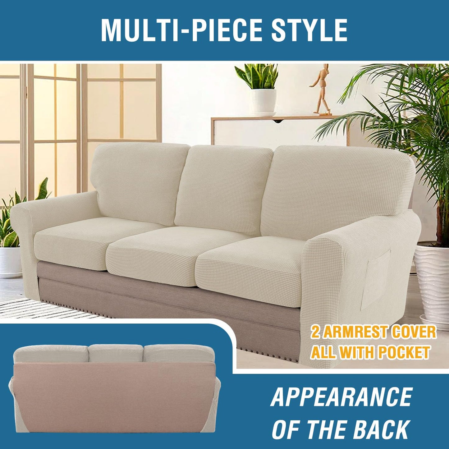 H.VERSAILTEX Multi-Pieces Sofa Covers Stretch Couch Covers Form Fitted Seats and Back Cushions Covers (3 Seat Covers Plus 3 Back Cusion Covers, Bonus 2 Armrest Covers), Island Fossi