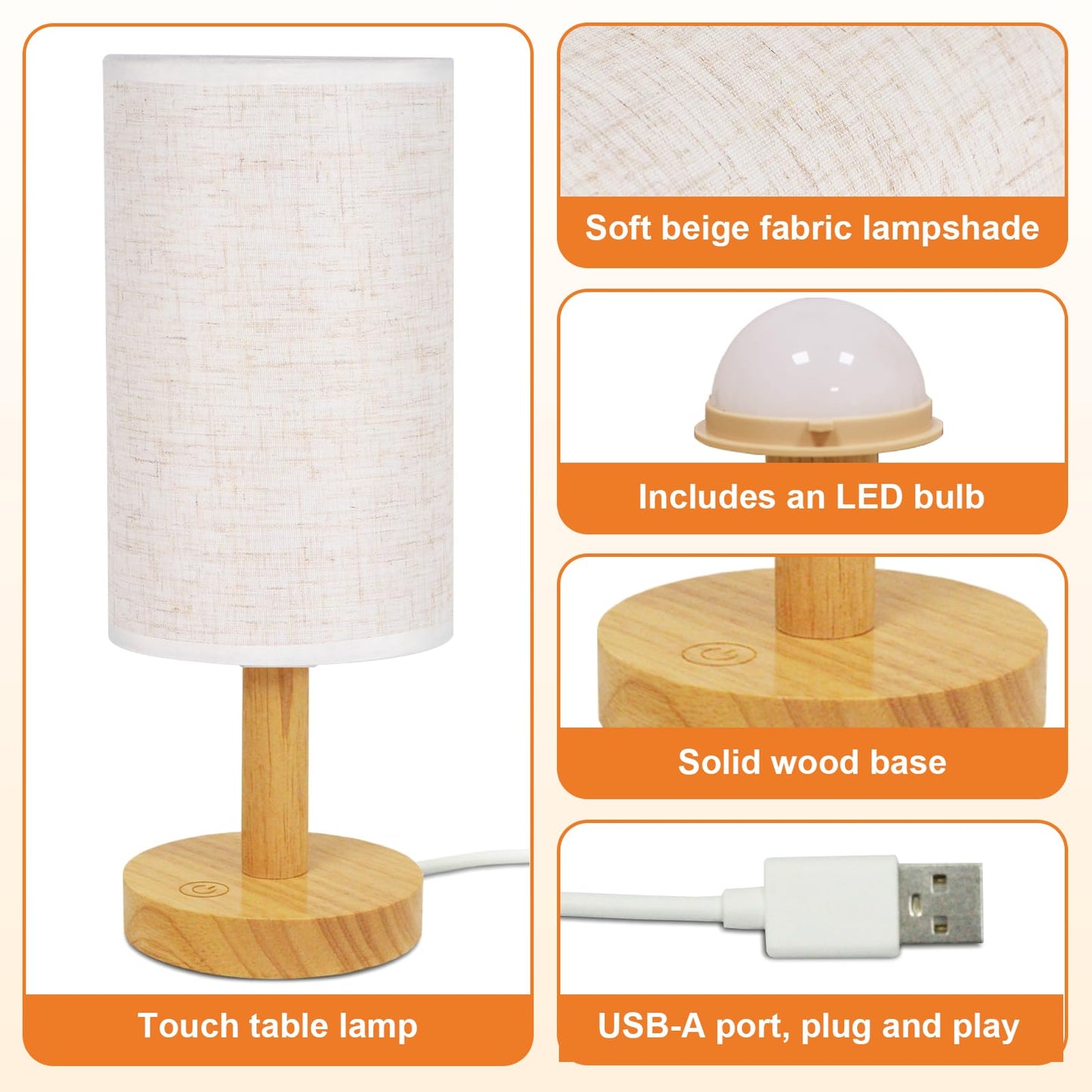Touch Bedside Table Lamp - Stepless Dimming USB Powered, Minimalist Wood Base Linen Shade, 2700K Warm Light for Bedroom Nightstand Nursery Dorm Small Spaces, 5W LED 50K Hrs (No Bulb Replacement)