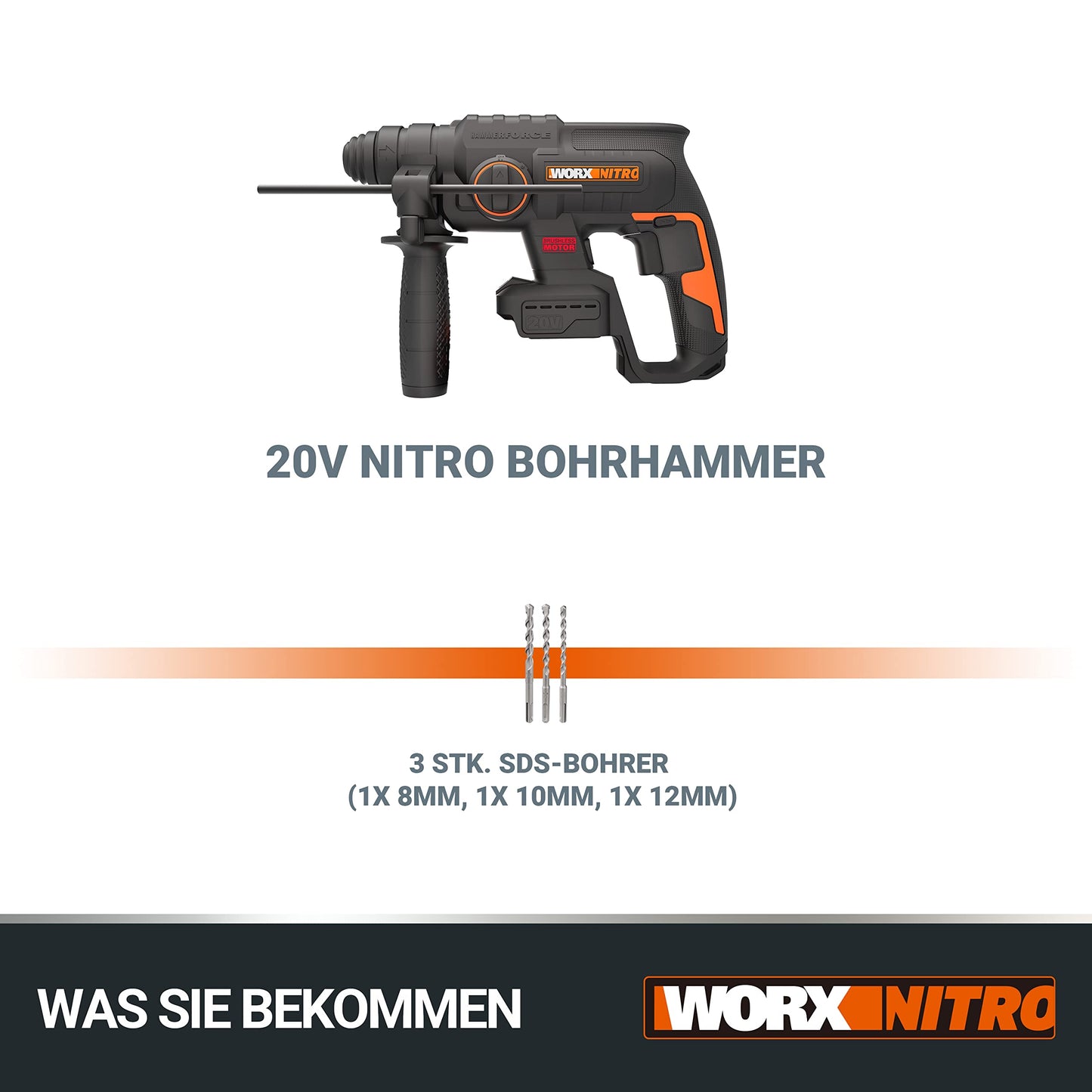 WORX Nitro 18V (20V MAX) Cordless Rotary Hammer Drill, PowerShare, Brushless Motor, SDS Plus, Max. Impact Energy 2.0 J, 3 Functions, Anti-Vibration, Bare Tool Only, WX381.9