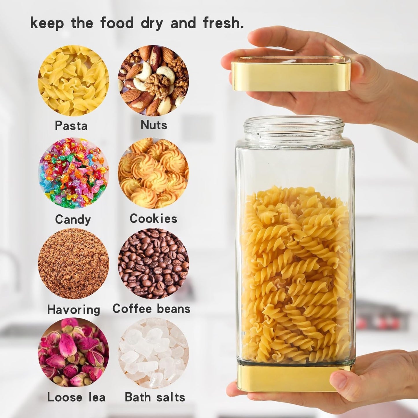 BETTWILL Glass Storage Jars-Large Kitchen Glass Canisters with Airtight Lids -Coffee Pasta Sugar Tea Snack Nuts Cookie Flour Food Container - Set of 3…