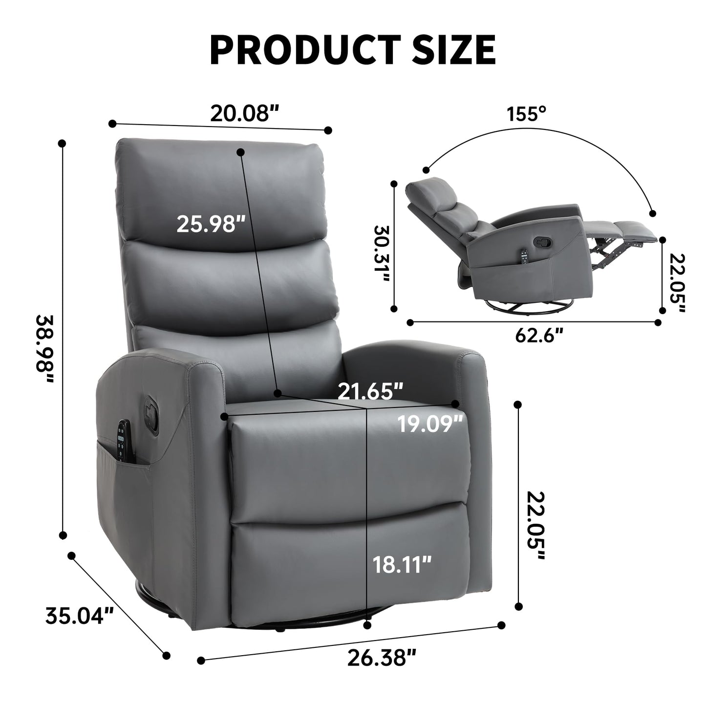 KEIKI 4-in-1 Manual Swivel Rocker Recliner Chair for Home Living Room, Faux Leather Chair with Back Massager & Heat, Home Theater Seating with Lumbar Support, Studio Apartment Essentials, Grey