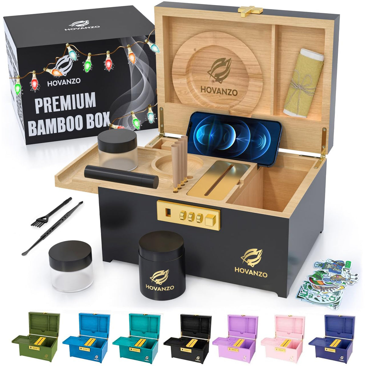 HOVANZO Upgraded Premium Large Bamboo Box - Locking Storage Decorative Box with Combination Lock - Wood Kit with lid - Wooden Locking Storage with Removable Tray and Jars