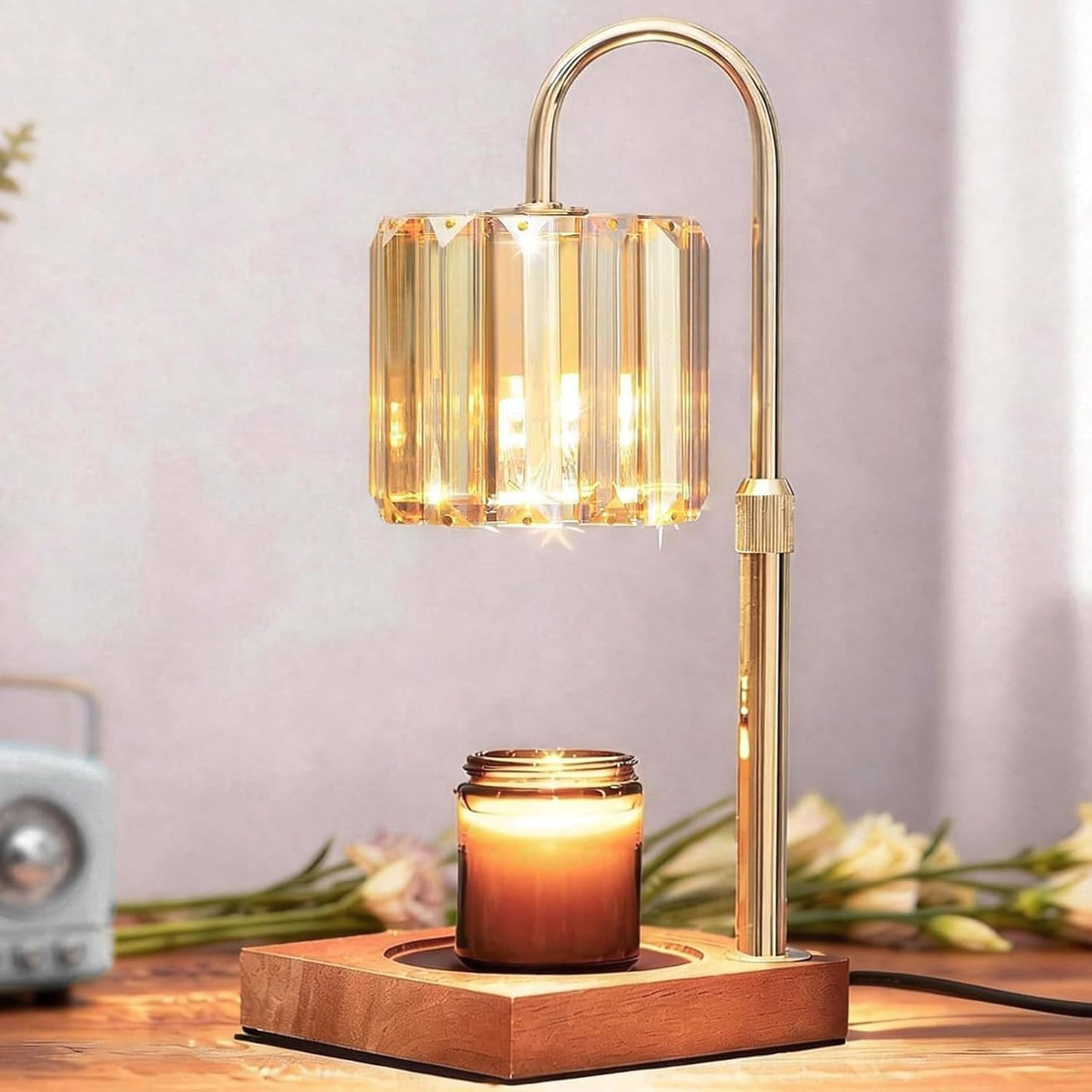 Yuichoy Candle Warmer Lamp with Timer, Dimmable Electric Candles Wamer Adjustable Height, Gifts for Women Mom, Glass Modern Candle Melter Lamp, Amber