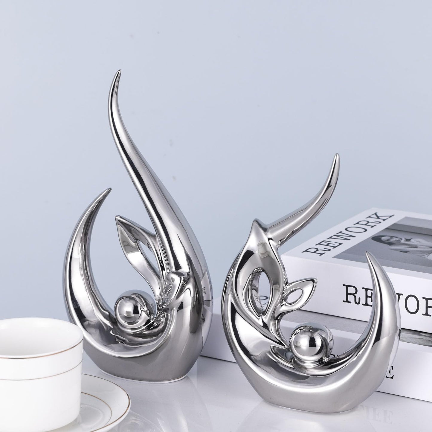 XMGZQ Silver Ceramic Statues for Home Décor Accents,Abstract Art Mid Century Modern Decor,Elegantes Centerpiece Table Decorations,Chrome Sculpture for Entryway,Shelf,Tv Stand,Mantel,Coffee Table