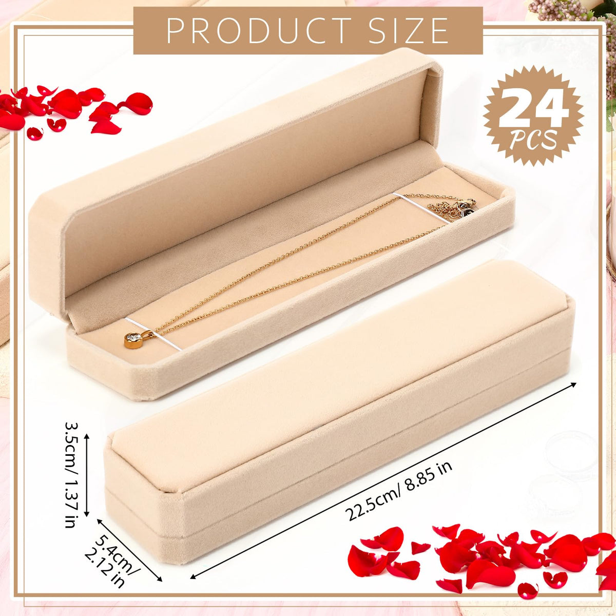 Batiyeer 24 Pcs Velvet Bracelet Box Bulk Jewelry Chain Necklace Box Bracelet Storage Case Long Jewelry Case for Wedding Pendant Display Vendors, 8.86 x 2.13 x 1.38 Inch(Beige)