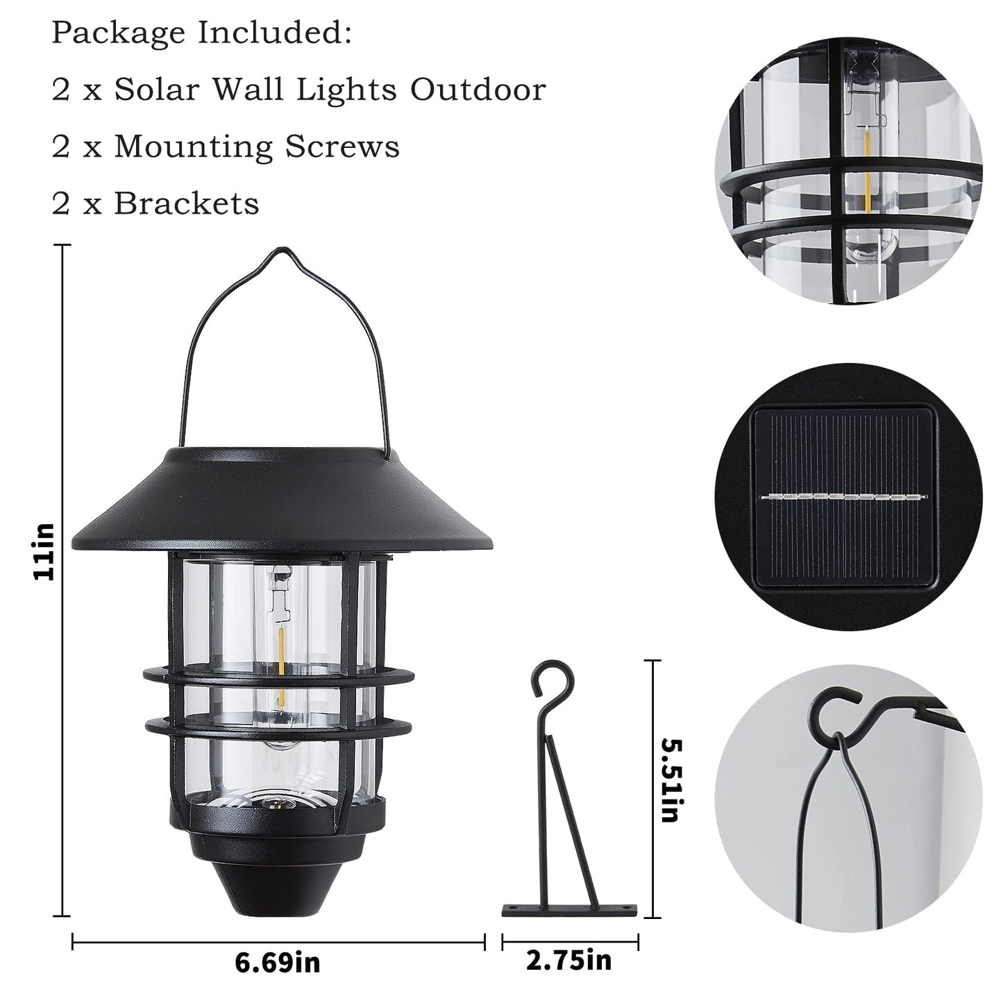 2 Pack Solar Lantern Outdoor, Waterproof Stainless Steel Glass Hanging Solar Lights Outdoor Garden for Outside,Fence,Wall,Porch Light