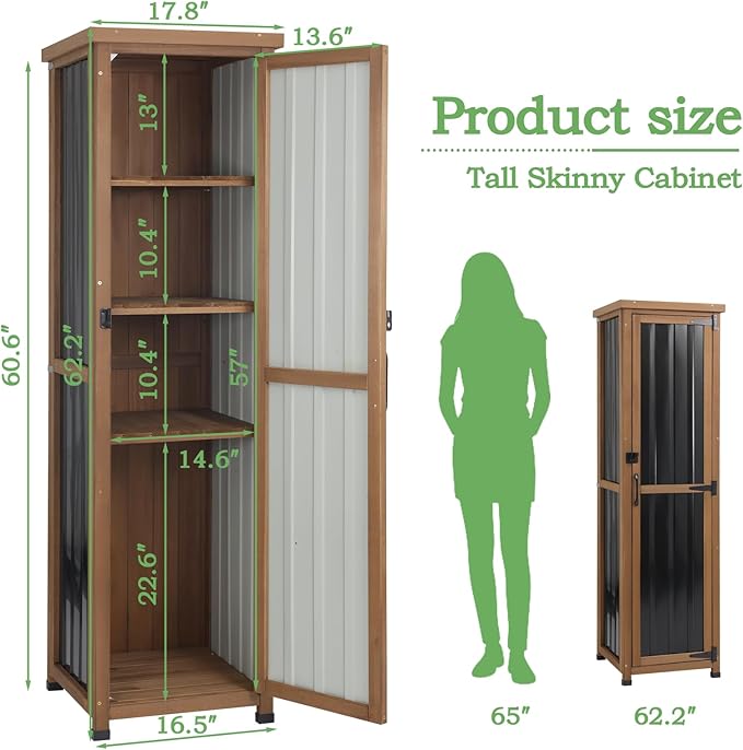 62" H Outdoor Corner Storage Cabinet with Lockable Doors, Outdoor Indoor Small Storage Cabinet with Metal Top, 3 Adjustable Shelves for Patio, Porch, Entryway or Small Spaces
