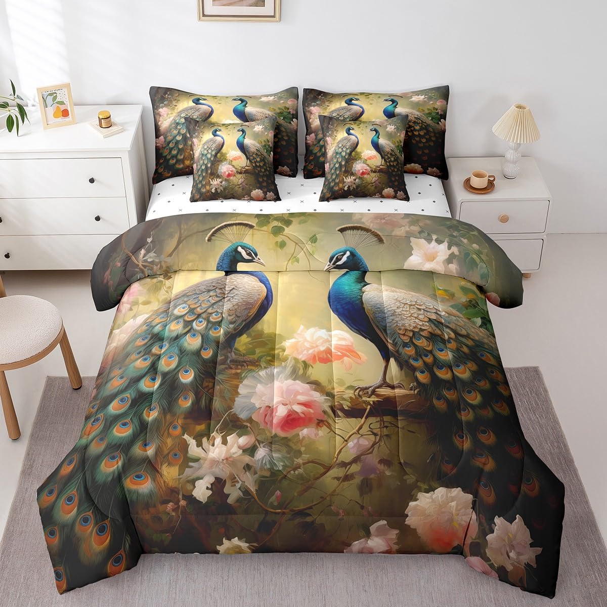 Erosebridal Chic Peacock Full Bedding Sets 7-Piece 3D Jungle Peacock Printed Comforter Set Wild Animal Comforter Set with Sheets Chic Pink Floral Bed in A Bag Dark Gold Bed Sheets Set,for All Season