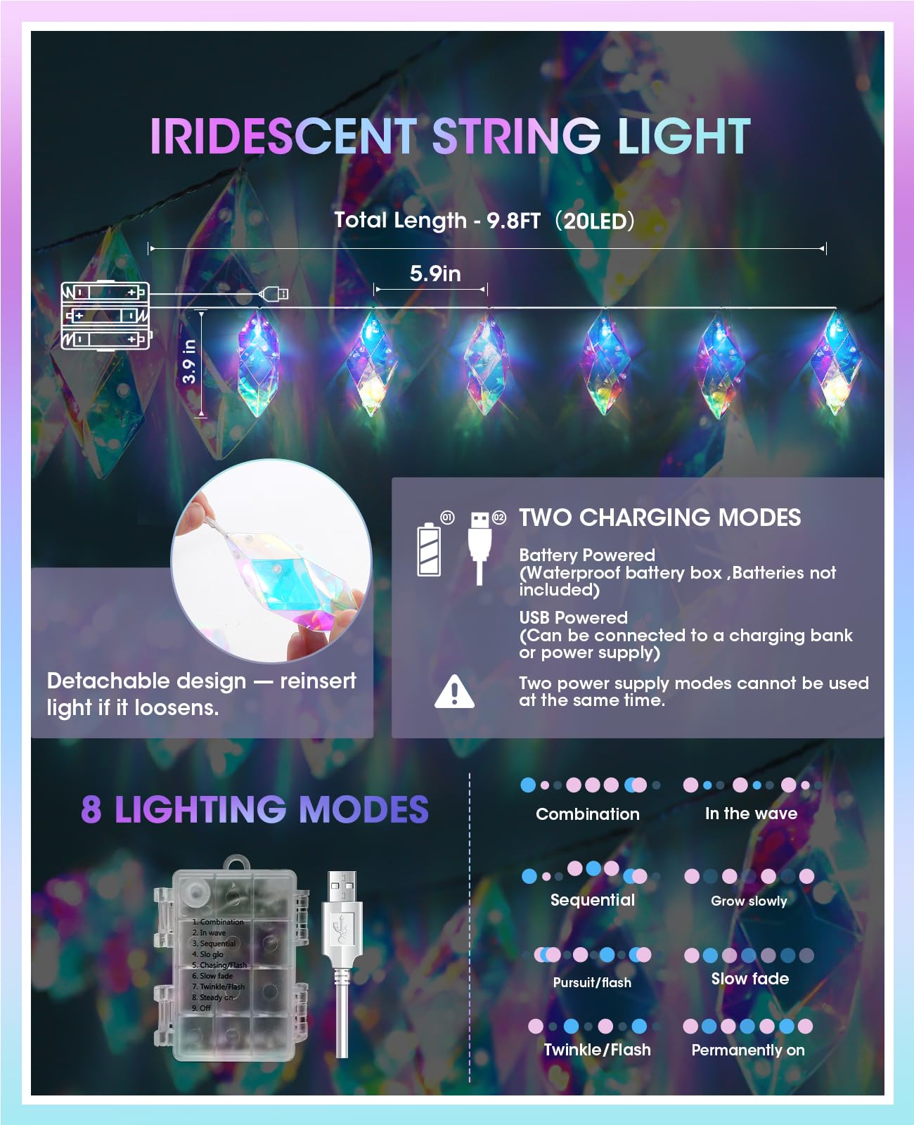 AceList Iridescent String Lights Indoor, 20 LED 9.84FT Holographic Battery & USB Powered, 8 Lighting Modes, Crystal Diamond Fairy Lights for Wedding, Christmas, Party, Room Décor