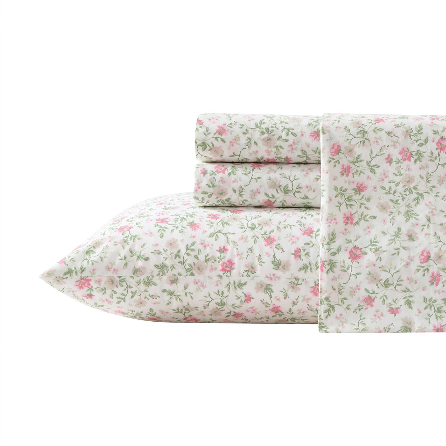 Laura Ashley - King Sheet Set, Super Soft Cotton Percale Bedding Set with Matching Shams, Oeko-Tex Certified (Bonnie Pink, King)