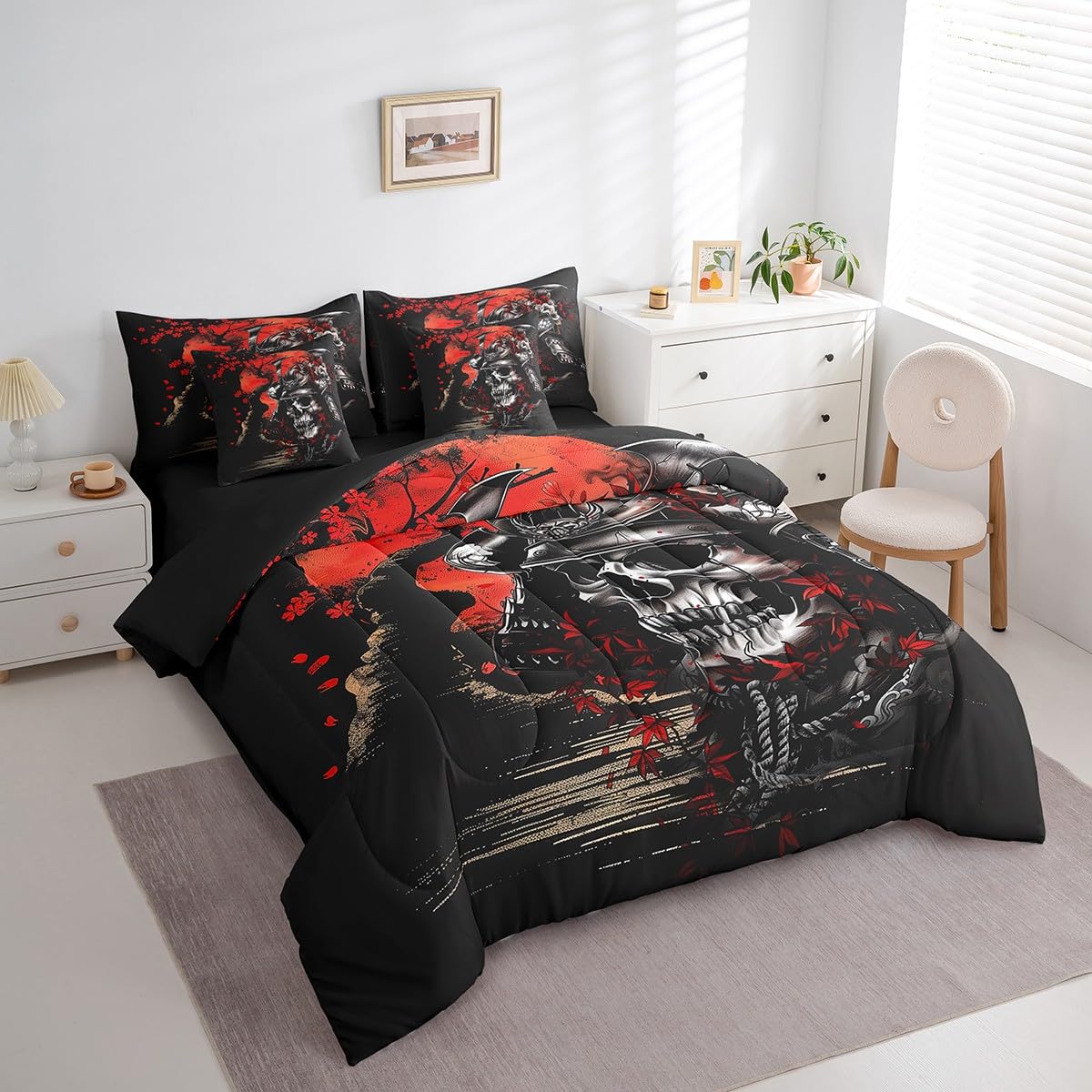 Erosebridal Japanese Samurai Queen Comforter Set 7 Piece,Gothic Skull Bedding Set with Sheets,Cherry Blossom Floral Bed in a Bag for Kids Boys Oriental Bed Set with Fitted+Flat Sheet,Pillowcases