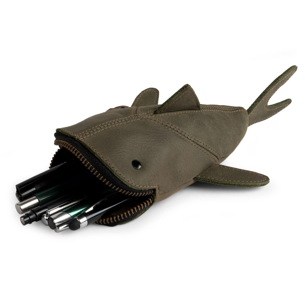 Hide & Drink, Full Grain Leather Zipper Coin Pouch, Change Bag, Pencil Purse, Scissors Case, Shark Shaped Cable Holder, Wallet, Makeup, Stuffed Animal, Handmade, Dark Jade