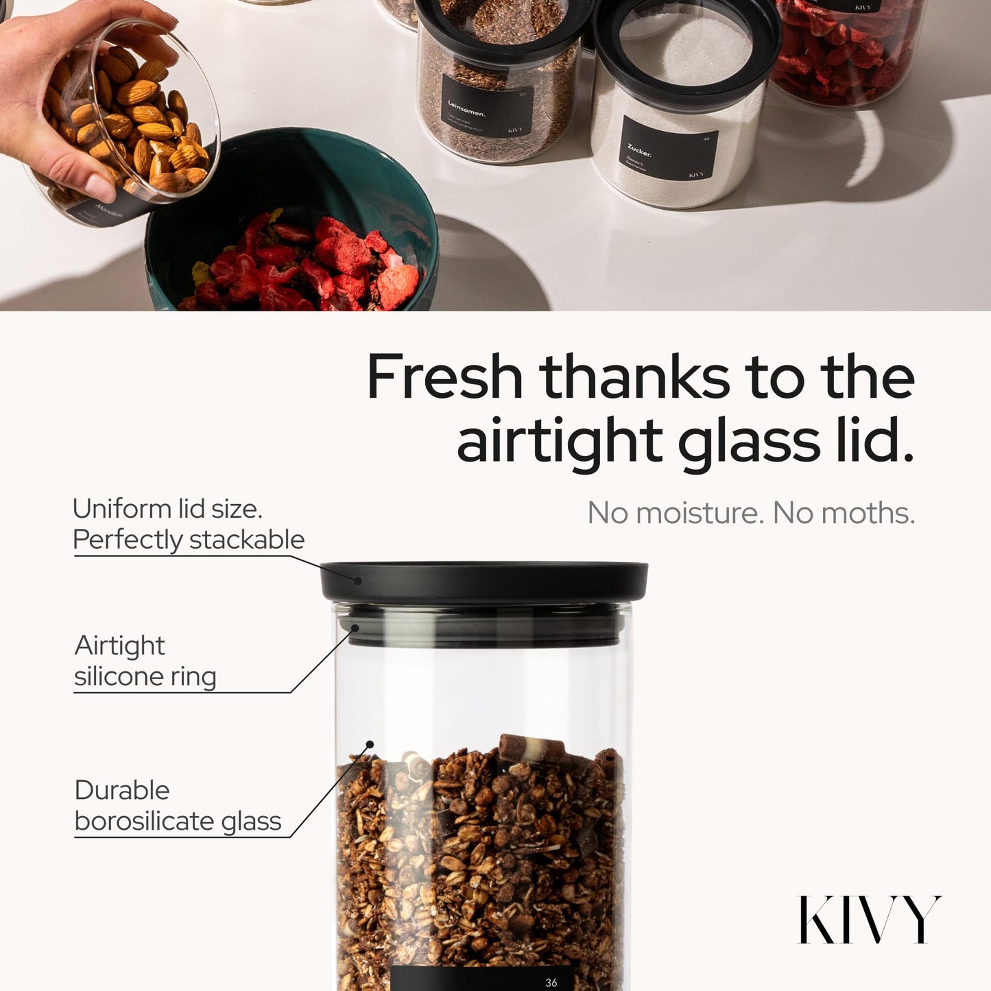 KIVY Airtight Glass Jars with Lids & Labels [4x 17oz] Stackable Glass storage jars with airtight lids - Black Glass Jars with airtight lid - Food Glass canisters with transparent lids