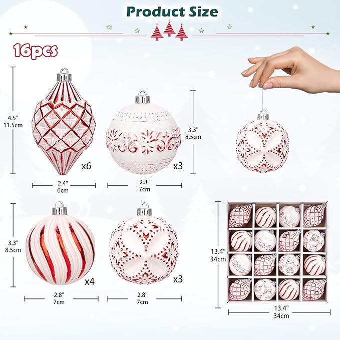 16PCS Shatterproof Christmas Ball Ornaments Set, Hand-Painted Holiday Decor with Assorted Sizes & Designs for Christmas Tree Thanksgiving Party Decoration, Red-White