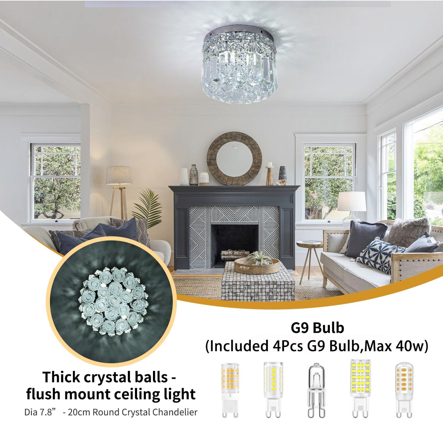 CEENLI Mini Modern Round Crystal Flush Mount Chandelier 7.8 inch Ceiling Light Fixture 4-Lights G9 Bulb for Closet Foyer Hallway Bedroom Living Room Dining Room Entryway Chrome Finish