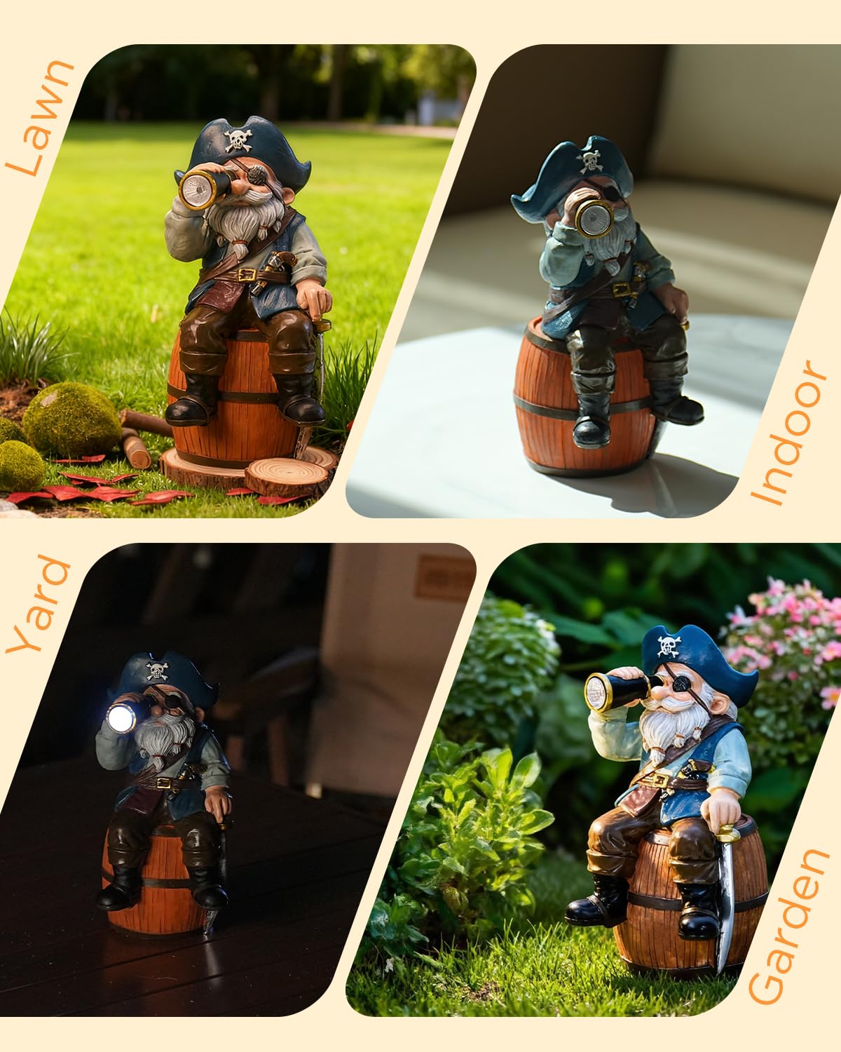 GaloTrek Solar Garden Gnome Statues Funny Resin Pirate Gnome Decorations Sitting on Wine Barrel Outdoor Figurines for Yard Patio Mom Gift
