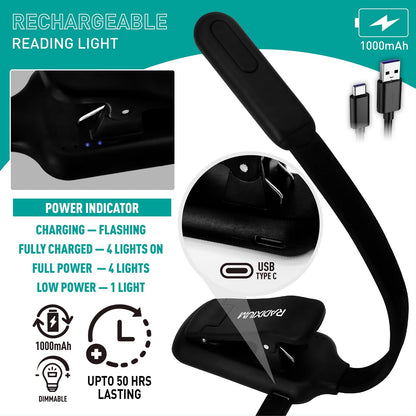 RADIXIUM Rechargeable Book Light for Reading - 9LED Eye-Caring Clip Light w/ 9 Color Temp, Stepless Dimming, 50H Battery, USB-C, Ultra Slim - Gift for Book Lovers (Black)