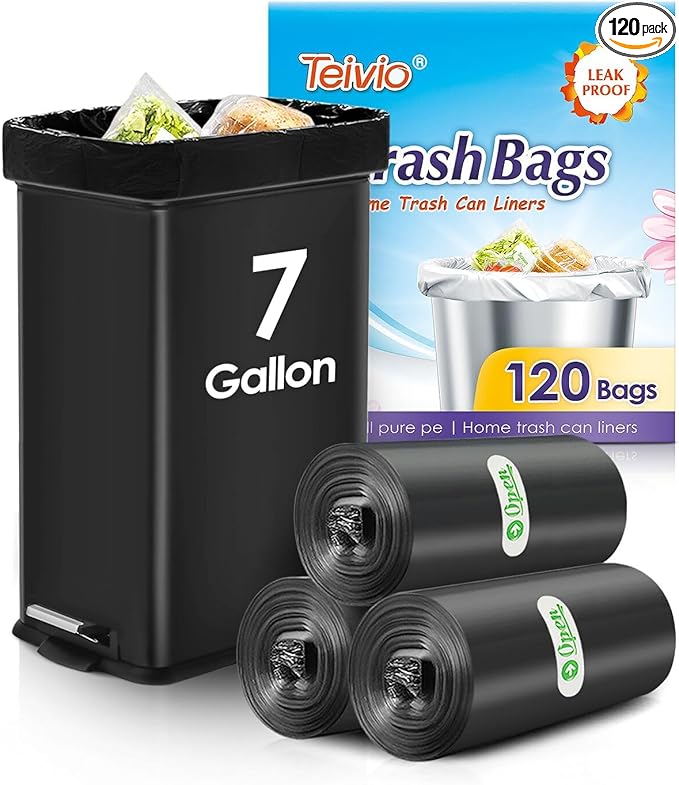 Teivio 7 Gallon 120 Counts Medium Black Garbage Bags fit 6 Gal, 7 Gal Trash Bags