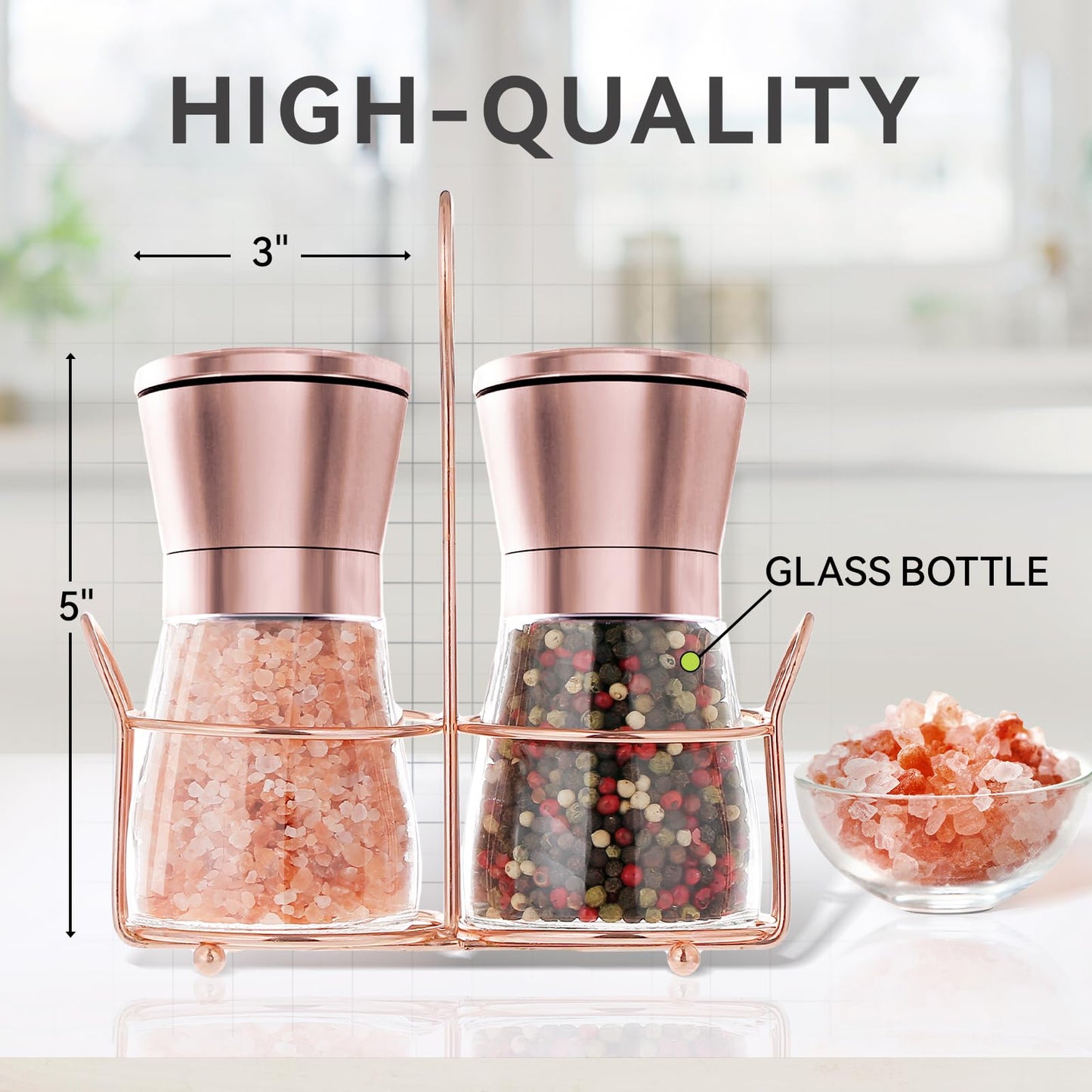 bonris Copper Stainless Steel Salt and Pepper Grinder Set Manual Himalayan Pink Salt Mill|Salt and Pepper Shakers with Adjustable Coarseness and Clear Glass Body (Pack of 2) (SHORT)