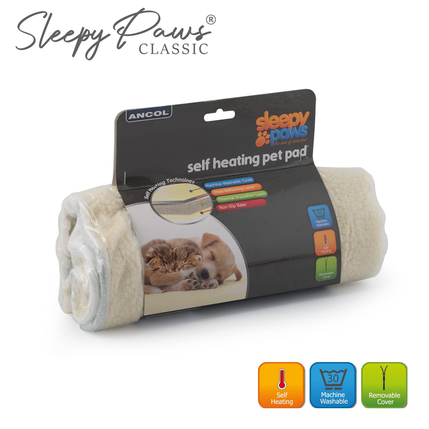 Ancol Self Heating Pet Pad Cream Fleece Cover with Thermal Structure - Removable Machine Washable for Cats and Dogs - 48cm x 38cm / Small