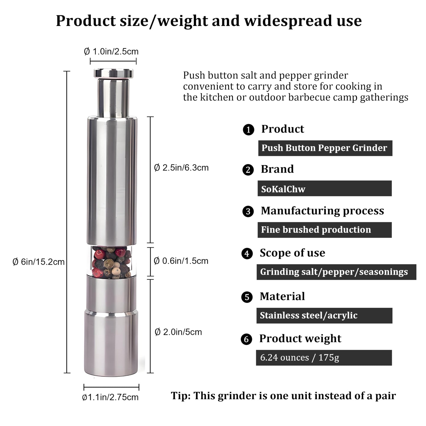 One handed seasoning spice mill gadgets, push button salt and pepper grinder, Solid Stainless, 1 Pcs or Buy more, silver