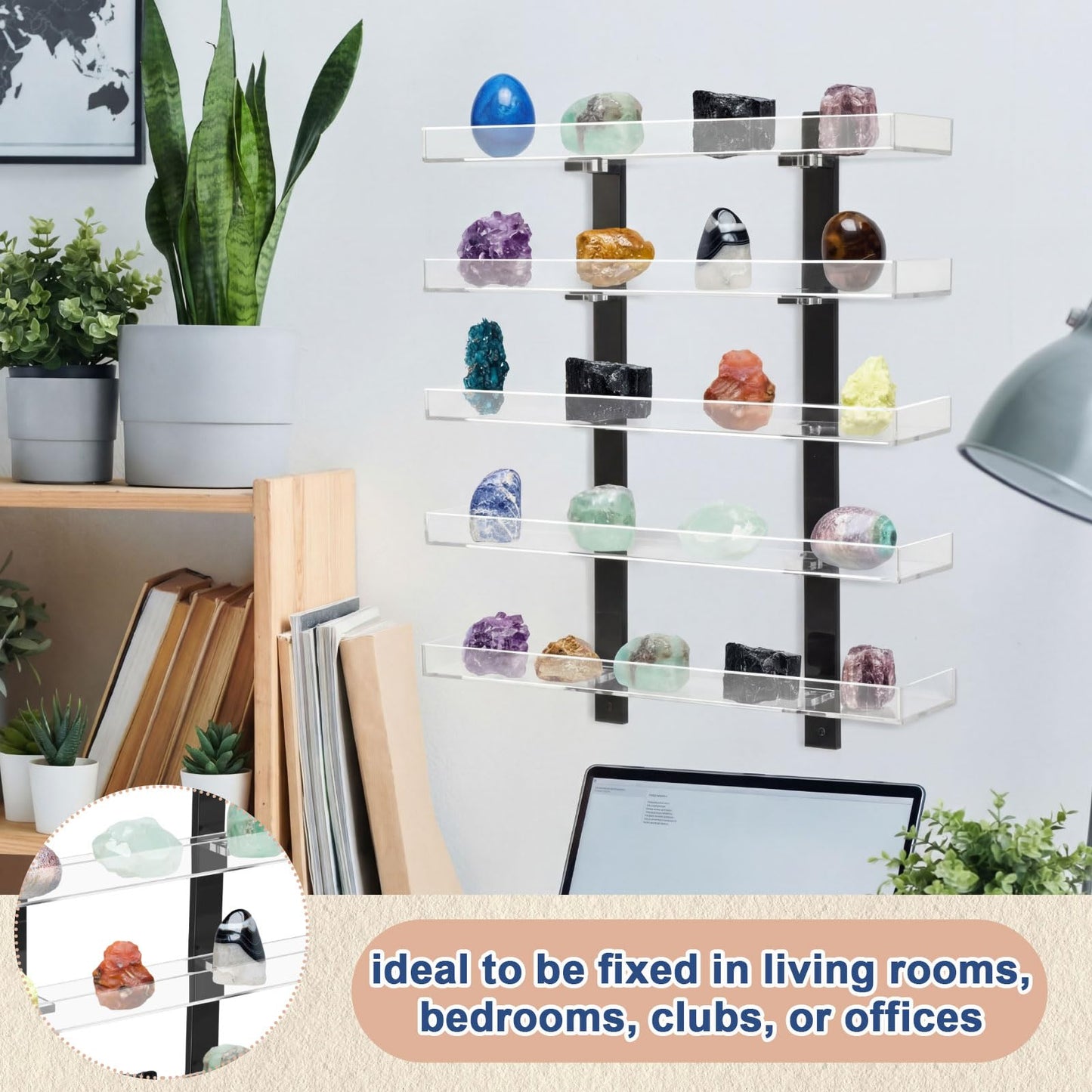 Novabright 5 Layer Acrylic Clear Rock Display Shelves for Wall Floating Shelves Organizer for Stone Collection 11.8" Rock Display for Stone Minerals Gemstones Crafts Figure Perfume for Living Room