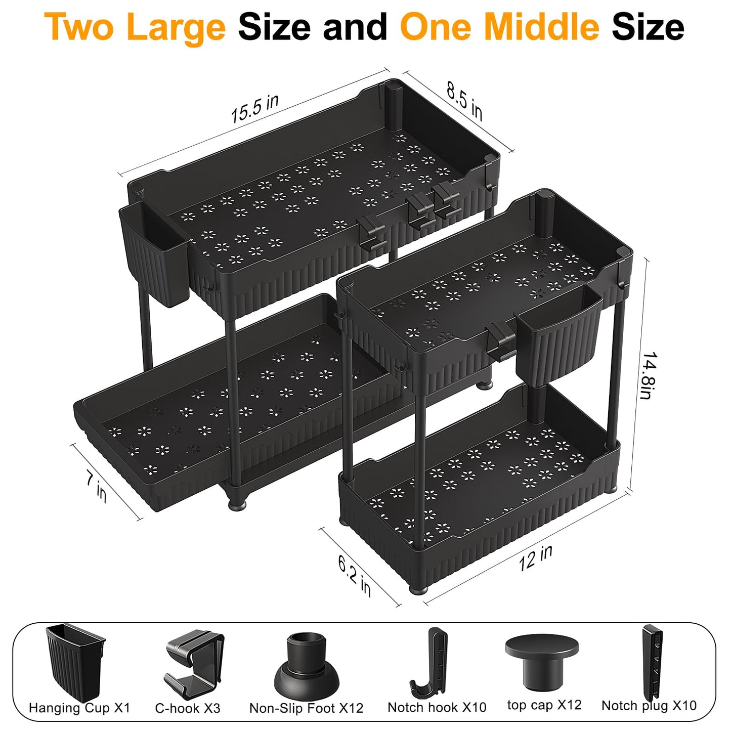 3 Pack Under Sink Organizers, 2-Tier Multi-Use Kitchen and Bathroom Organizers and Storage with Sliding Drawers，Bathroom Cabinet Organizer (Black, 12.8 Inch)