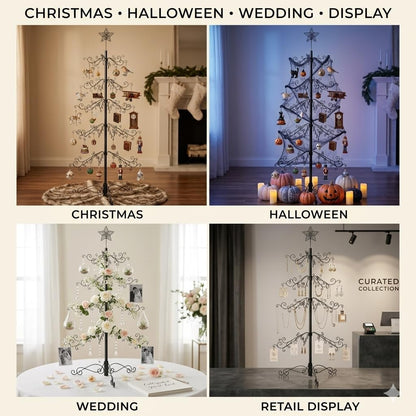 HOHIYA 6.5 Ft Wrought Iron Christmas Tree Alternative 174 Hooks Metal Ornament Display Stand Large Heavy Duty Holiday Decoration Holder for Christmas Halloween Wedding Home Decor Black