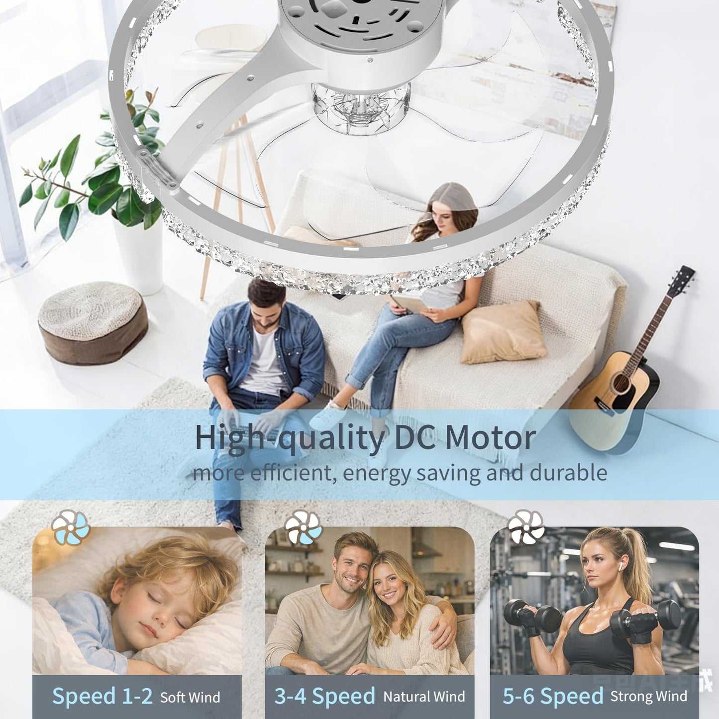 AIKVSXER Ceiling Fans with Lights and Remote, 20'' Low Profile Ceiling Fan with APP Control, 3000K-6500K Dimmable, Quiet Reversible DC, Modern Flush Mount Fandelier for Bedroom (White-Crystal)