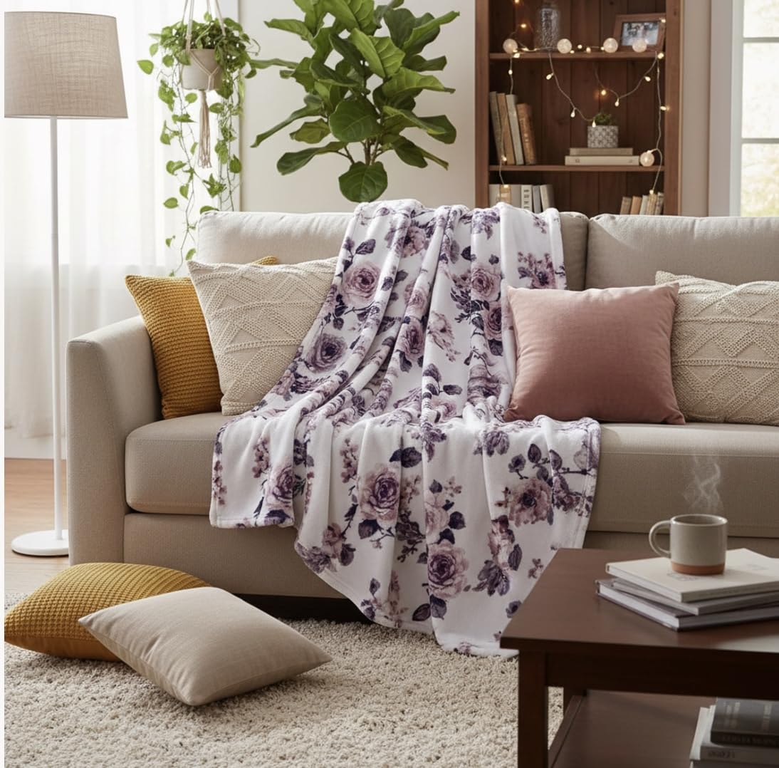 Decorative Floral Fleece Throw Blanket: Velvety Soft Plush Rose Flower Accent for Couch or Bed, Blush Pink Purple Navy Blue Grey on White, Oversized 50" x 70" Inches