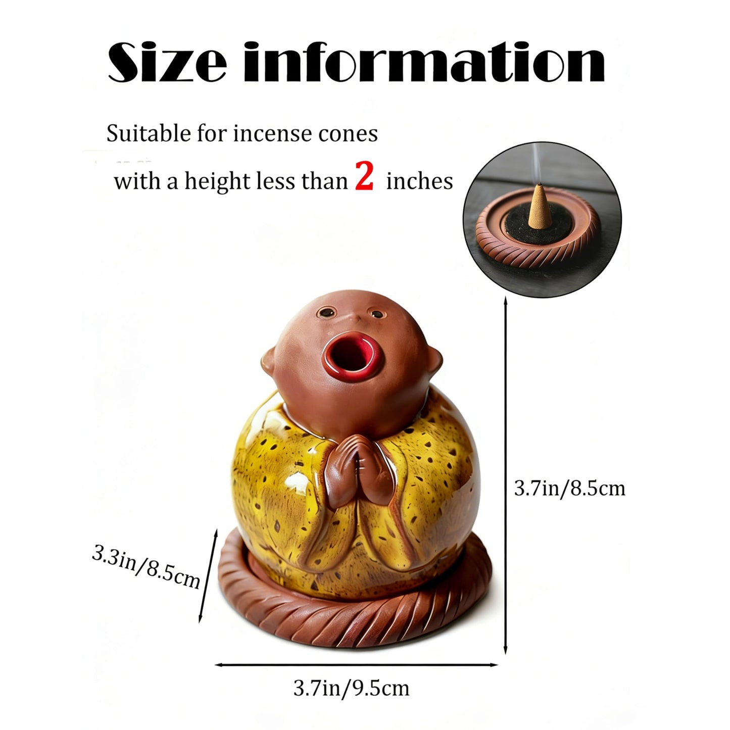 Ceramic Little Monk Incense Burner for Cones & Sticks, Cute Buddha Incense Holder with Mouth Smoke Effect, Zen Home Decor Meditation Gifts