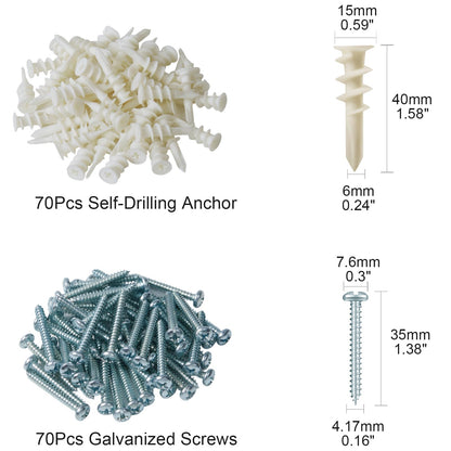 KURUI Wall Hanging Kit for Wall Art Decor Frame Curtain Rods, 140Pcs Heavy Duty Drywall Anchors Substitute Picture Hanging Nails, 70 Dry Wall Anchor and 70 8 x 1-1/4'' Screws, 75Lb Picture Hangers