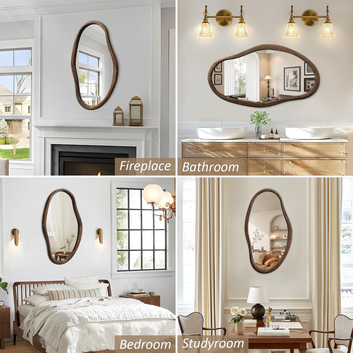 JJUUYOU Asymmetrical Mirrors Irregular Bathroom Wall Mirror 30"x18" Large Wooden Frame Modern Decorative Mirror for Makeup Bathroom Living Room Brown