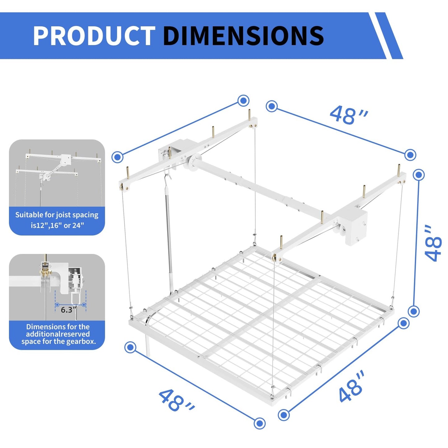 Overhead Garage Lifting Storage Rack, Maximize Your Garage Storage with Our 4x4 Ft Heavy-Duty Ceiling Storage Rack System, Supports 350 lbs, Adjustable & Easy to Install (White 4x4 ft)