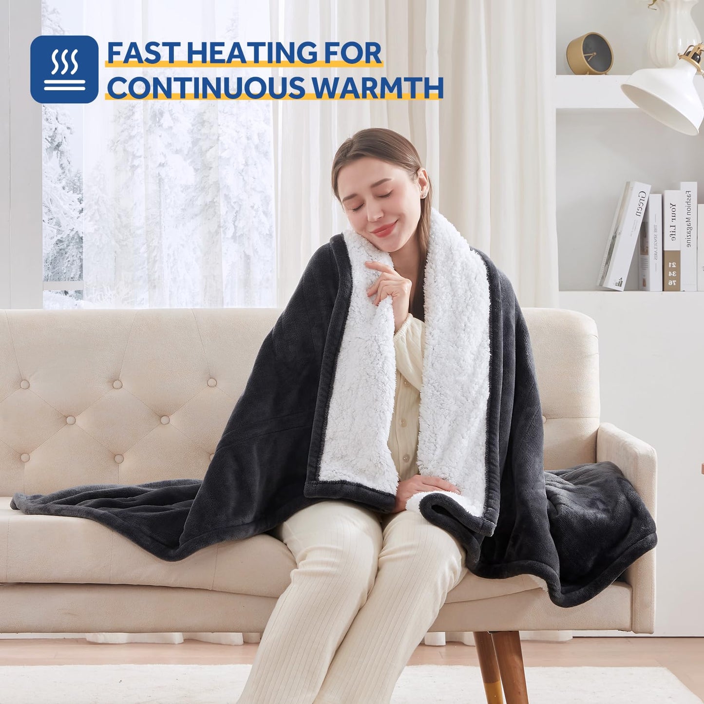 Sealy Electric Blanket Throw Size 50"*60",Super Cozy Flannel to Sherpa Reversible Heated Blanket Throw with 6 Heating Levels & 2-10 Hours Auto Off Overheating Protection Machine Washable,Beige