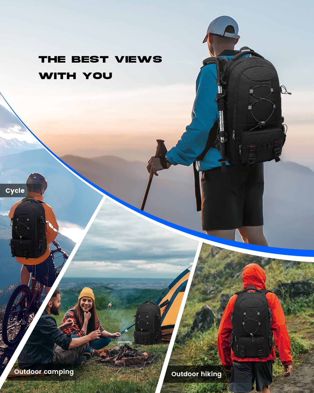 Besttravel Travel Backpack, 45L Hiking Backpacks Water Resistant Multi-functional Trekking Rucksack Travel Laptop Backpack Mens Fits 17.3 Inch Computer for Camping Climbing Cycling, Black