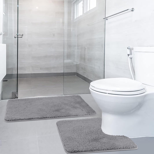 SOANNY 2 Piece Non-Slip Bath Mat Set, Luxury Thick Microfiber Shaggy Bathroom Rugs, 50 X 80 CM Soft Plush Shower Mat & 50 X 50 Toilet Pedestal Carpet, Machine Washable, Absorbent, Grey