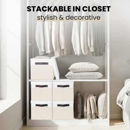 Large Nursery Closet Organizer Bins with Lids 4 Pack - 23 QT Decorative Storage Baskets for Living Room Bedroom Shelf - Stackable Storage Boxes with Lids Handles for Clothes Sweater Book Towel Purse