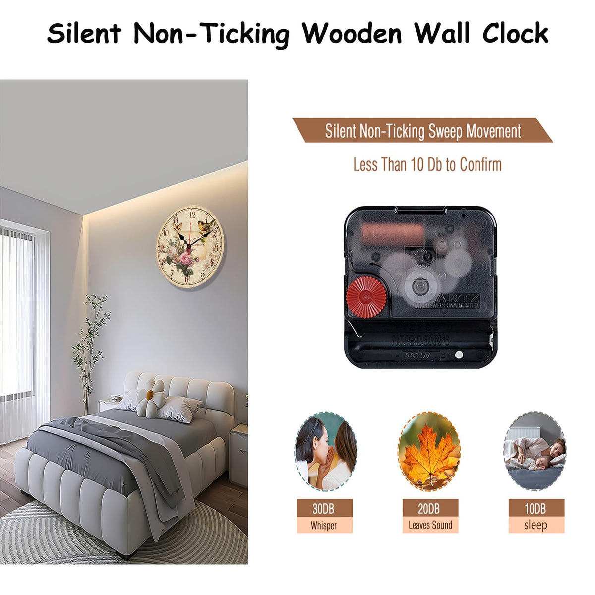 12 Inch Silent Wall Clock Battery Operated Vintage Wooden Round Non-Ticking