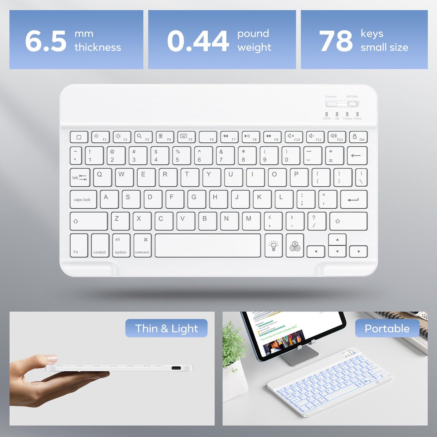 OMOTON Bluetooth Keyboard, Backlight Wireless Rechargeable Keyboard for iPad, iPad Pro, iPad mini, iPad Air with Illuminated LED (White)