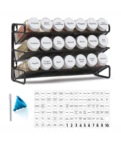 SpaceAid Spice Rack Organizer with 28 Spice Jars, 386 Spice Labels, Chalk Marker and Funnel Set for Cabinet, Countertop, Pantry, Cupboard or Door & Wall Mount - 28 Jars, 13.4" W × 10.8" H, Black
