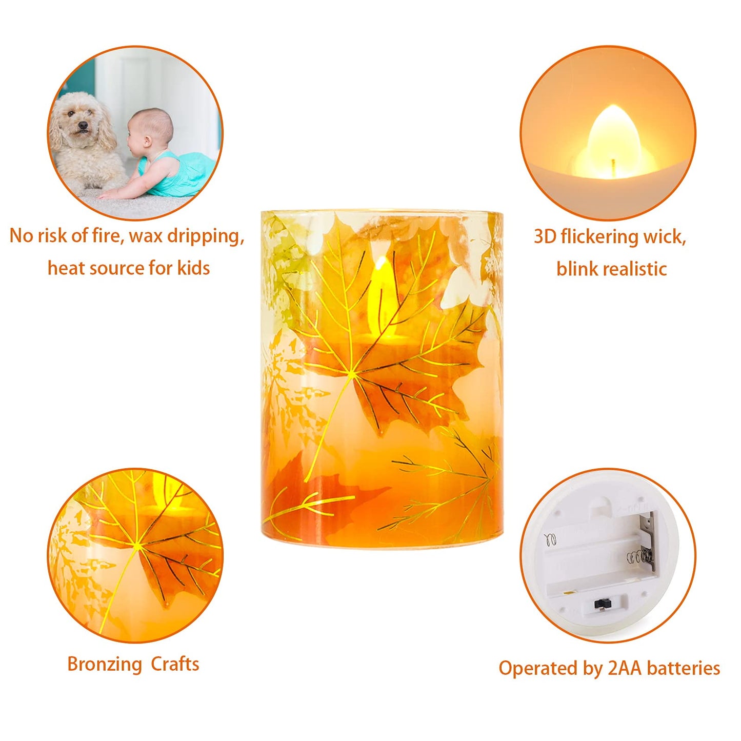 PETRISTRIKE Fall Flameless Candles, Autumn Maple Leaf Led Candles with Remote & Timer, Realistic Flickering Real Wax Candles for Harvest Festive, Thanksgiving Day, Party Decorations