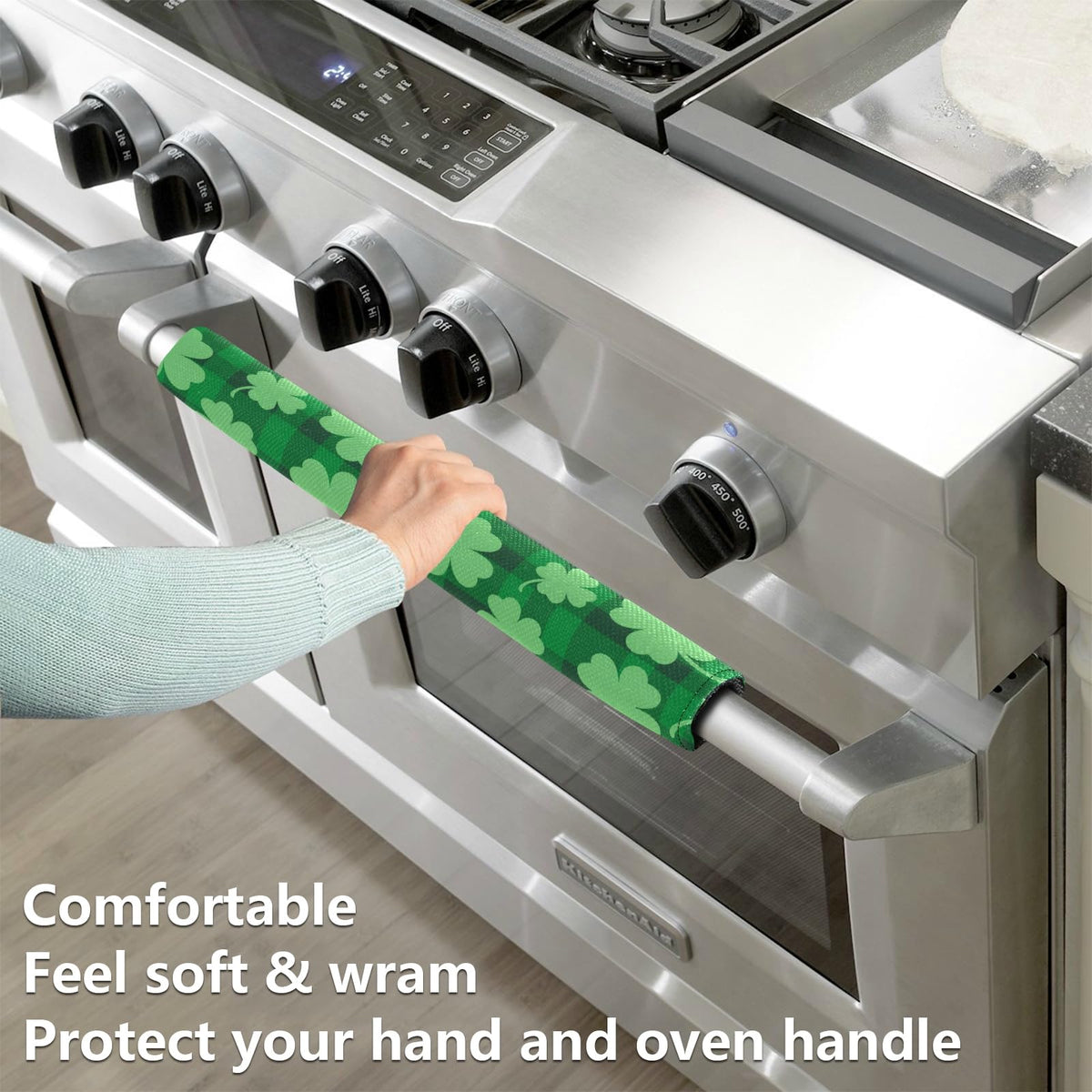 Eionryn St Patricks Day Clovers Refrigerator Door Handle Covers Green Shamrock Buffalo Plaid Kitchen Appliances Gloves for Microwave Dishwasher Fridge Door Cloth Protector 2pcs