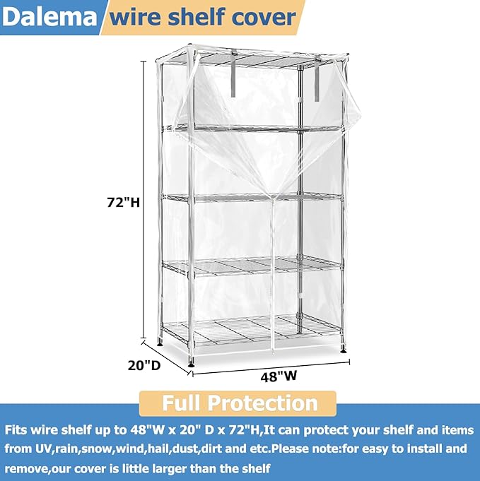 Waterproof Shelf Cover,Durable Dustproof Storage Wire Rack Covers,Outdoor Shelving Covers for Wire Shelves with Zipper 48''x20''x72'',Clear,Cover Only