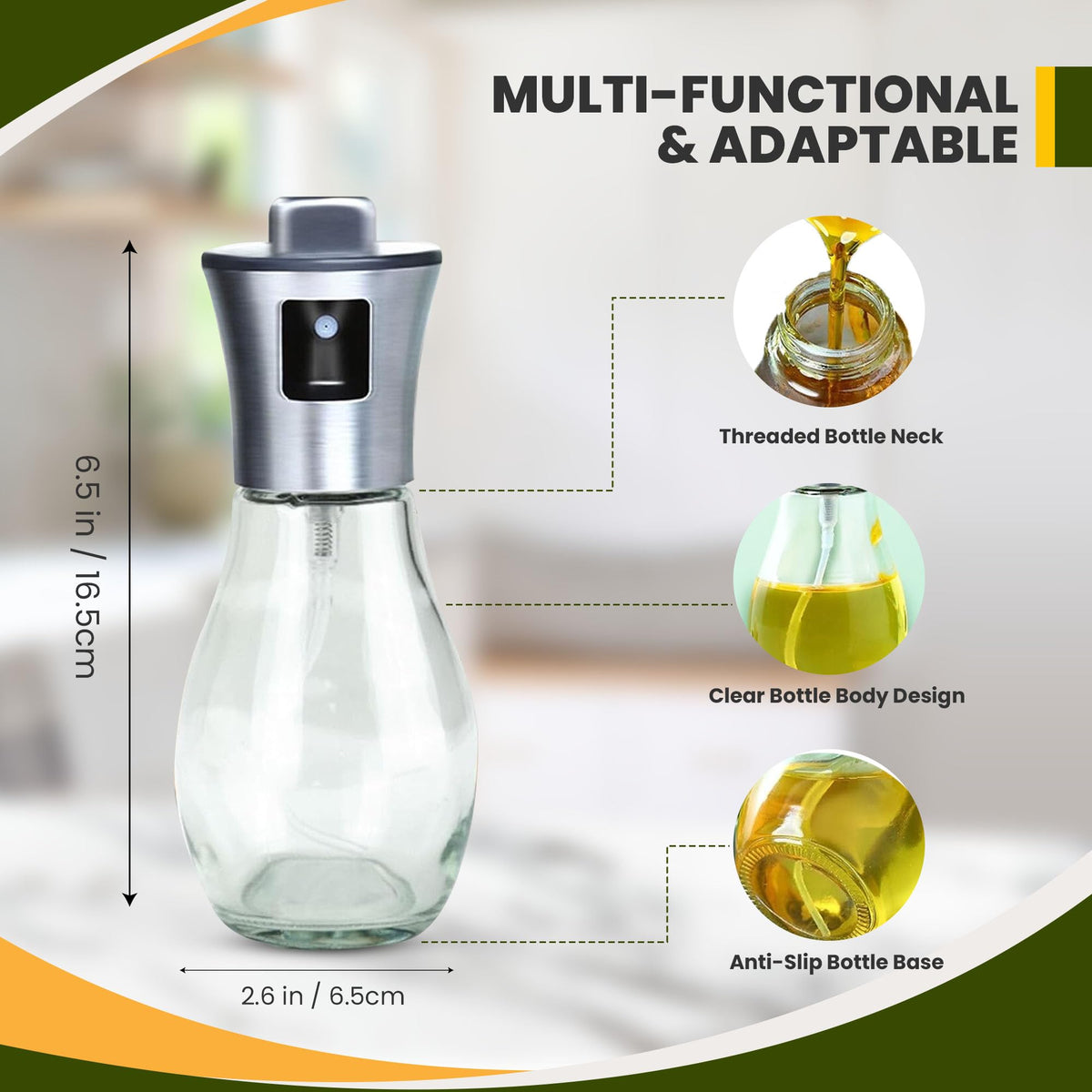 Fourteen Homes Oil Dispenser Bottle - Olive Oil Sprayer - Clear Glass Refillable Oil & Vinegar Dispenser with Measuring Scale Pump for Kitchen, Cooking, Salads, Baking, Frying -200 ml