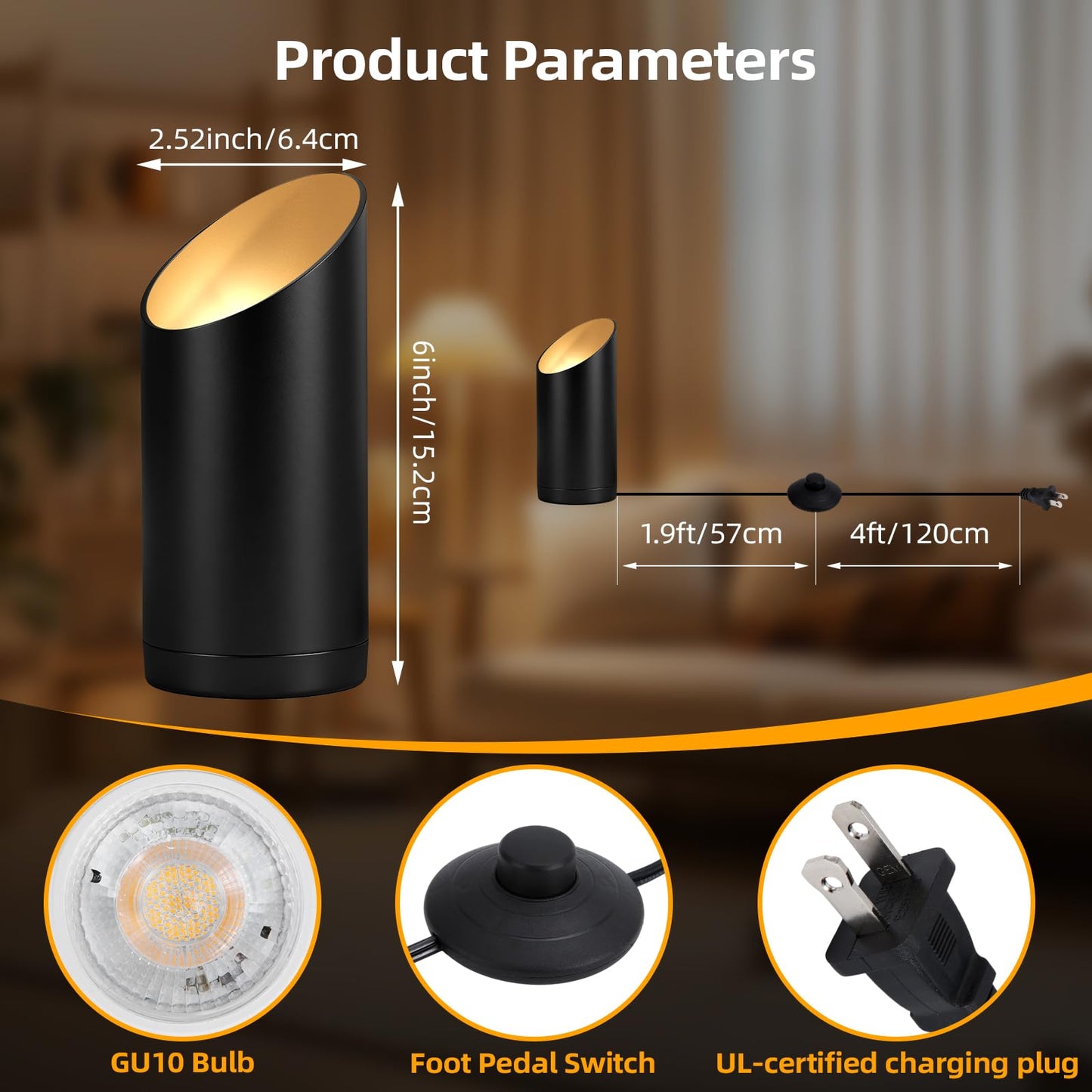 Ribgwo 2 Pack Uplighting Indoor Floor Can Lights,7W LED Up Lights with 3000K GU10 Bulbs, Spot Lights with 5.9 FT Plug Cord & Foot Switch,Ideal for Indoor Corners, Sofas, Plants, and Wall Art