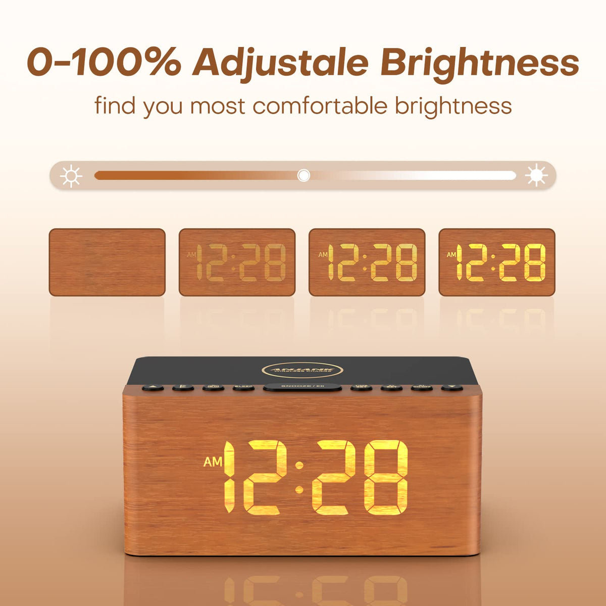ANJANK Wooden Bluetooth Speaker, Alarm Clock with FM Radio, Qi Certified Fast Wireless Charging Station for iPhone/Samsung, USB Charger Port, Dimmable Display, Digital Wood Clock for Bedroom, Bedside